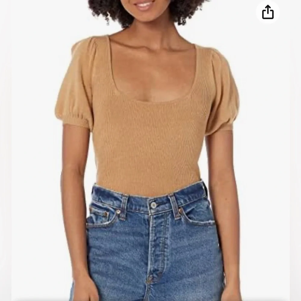 FRENCH CONNECTION NWT Milkmaid Boho Puff SLV SQ. Neck Mix Knit Camel Sweater L